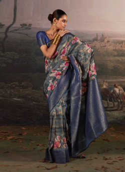 Dark Blue Woven Linen-Cotton Saree For Traditional / Religious Occasions