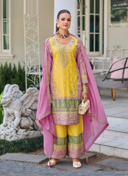 Yellow & Pink Heavy Chinon Embroidered Ramadan Special Readymade Pakistani Salwar Kameez