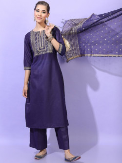 Women Purple Embroidered Kurti with Trousers