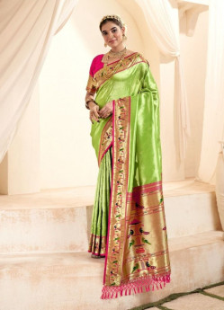 Light Lime Green Soft Tissue Woven Paithani Silk Saree For Traditional / Religious Occasions