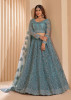 Light Blue Net Embroidered Wedding-Wear Bridal Lehenga Choli With Can-Can