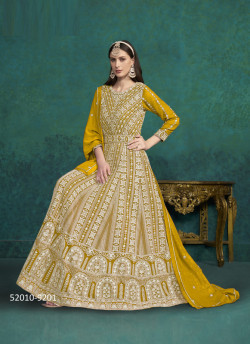 Mustard Yellow Georgette Embroidered Party-Wear Floor-Length Salwar Kameez