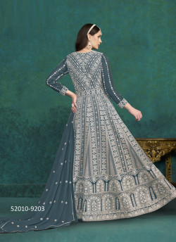 Sea Blue Georgette Embroidered Party-Wear Floor-Length Salwar Kameez