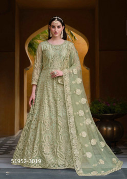 Light Green Net Embroidered Floor-Length Salwar Kameez For Traditional / Religious Occasions