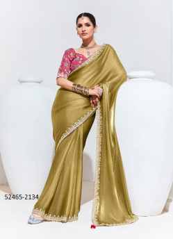 Olive Green Organza Digitally Printed Party-Wear Boutique-Style Saree