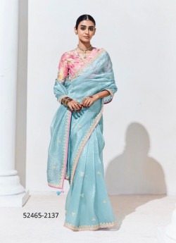 Light Blue Organza Digitally Printed Party-Wear Boutique-Style Saree